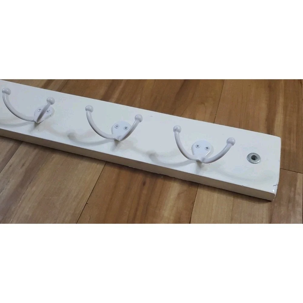 White Wooden Wall Mount Hook Rail 4 Heavy Duty Double Hooks Towel Hanger